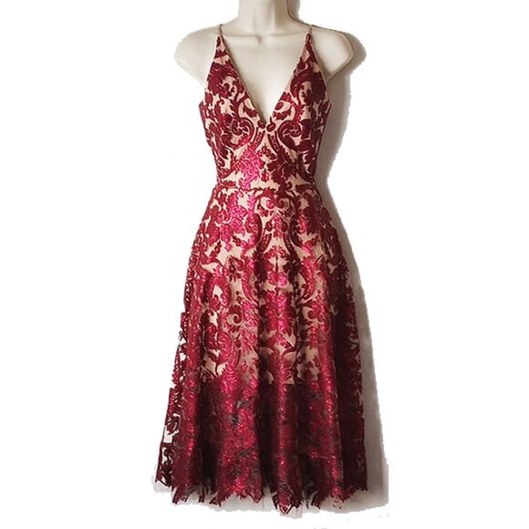 NWT Dress The Population Blair V-Neck Sequined Mesh Flare Dress XS Wine Berry - Picture 1 of 12